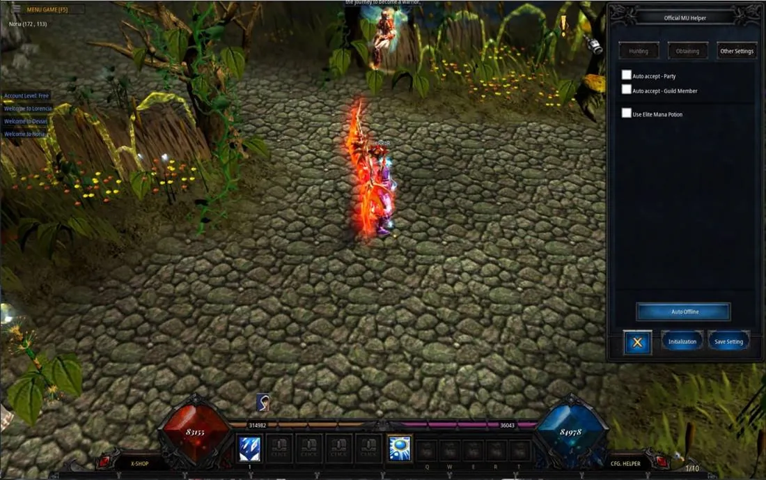 The official helper panel open in game, with hunting and auto-offline settings